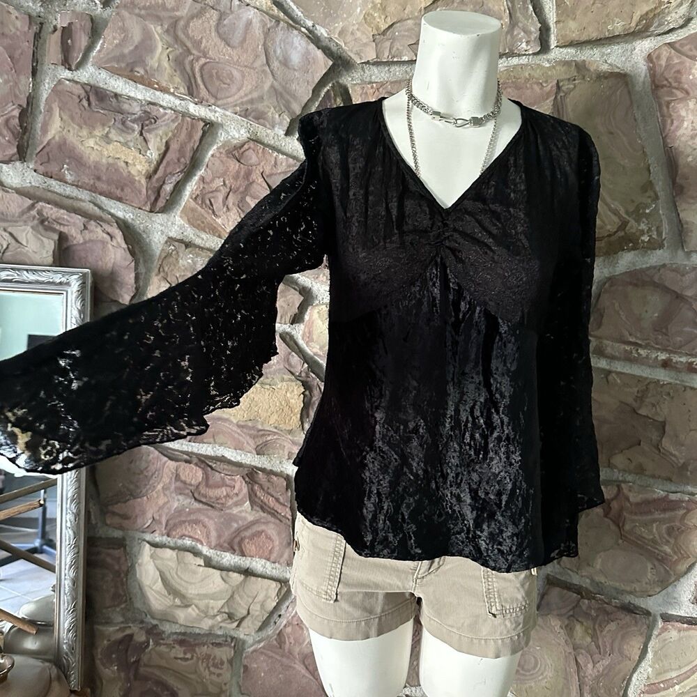 VintageY2K Crush Velvet Lace Sheer  Fairy Cottagecore Angie  Sleeve Top Blouse M